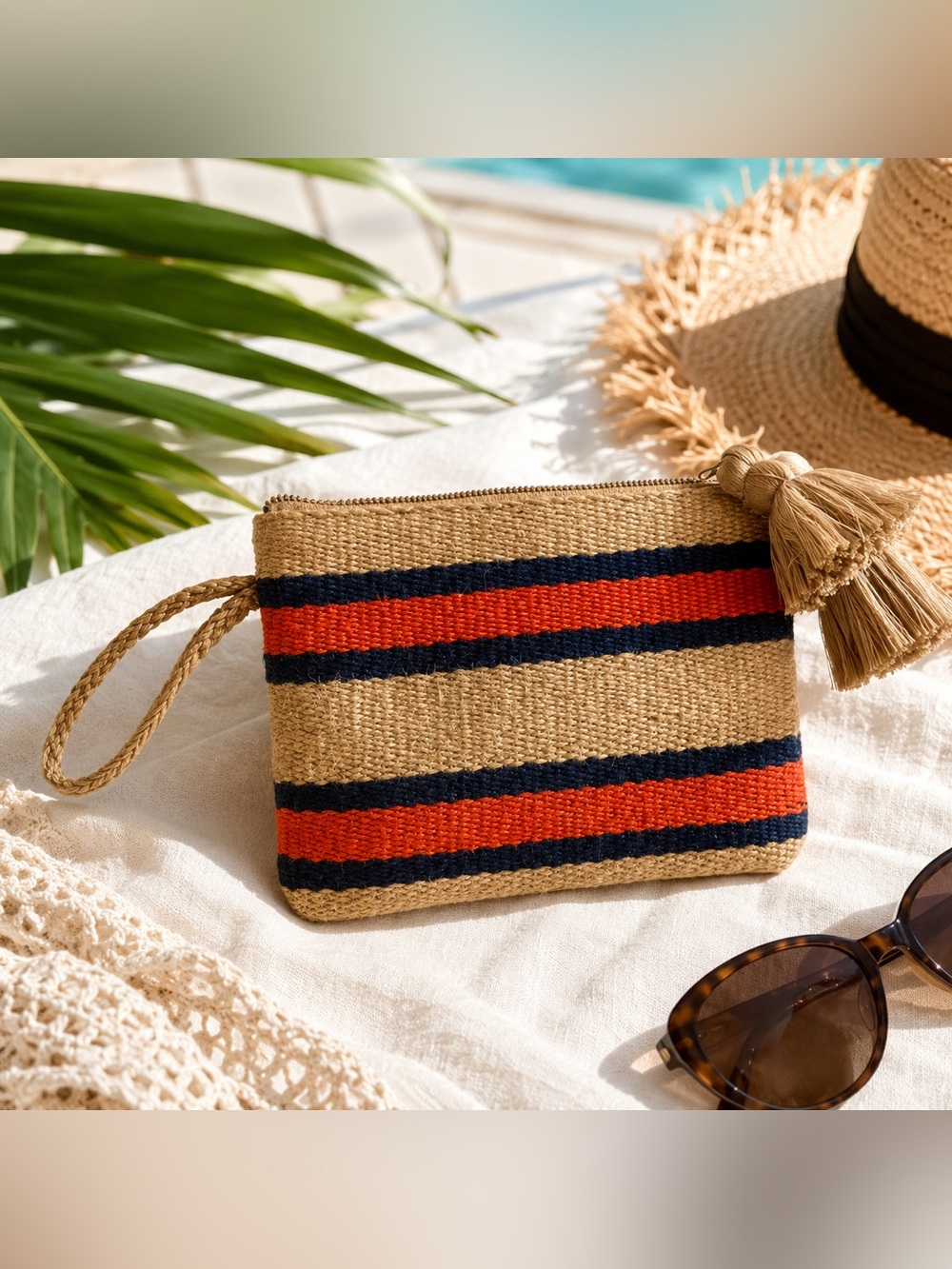J.Jill Jute Striped‎ Wristlet Clutch Orange Navy Tassel Boho Resort Bag